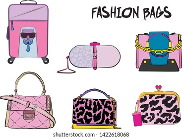 Set of pink women's bags.  Vector fashion illustration isolated on a white background. 
Different types of stylish bags, satchel, saddle, hobo, doctor, clutch, duffel, tote, barrel, suitcase 
