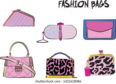 Set of pink women's bags.  Vector fashion illustration isolated on a white background. 
Different types of stylish bags, satchel, saddle, hobo, doctor, clutch, duffel, tote, barrel, suitcase 
