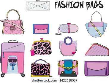 Set of pink women's bags.  Vector fashion illustration isolated on a white background. 
Different types of stylish bags, satchel, saddle, hobo, doctor, clutch, duffel, tote, barrel, suitcase 
