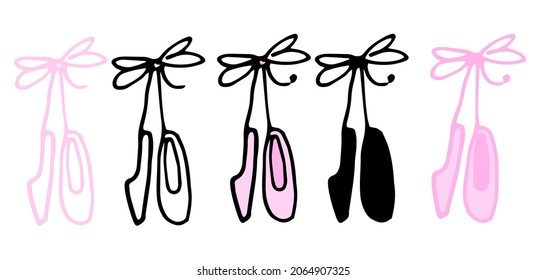 a set of pink women's ballet shoes on a ribbon with a pink bow in a flat style. Isolated collection of children's pointe shoes tied with a bow, hand-drawn in the style of doodles black outline 