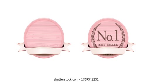 set of pink wooden circle frame with ribbon. pastel color.