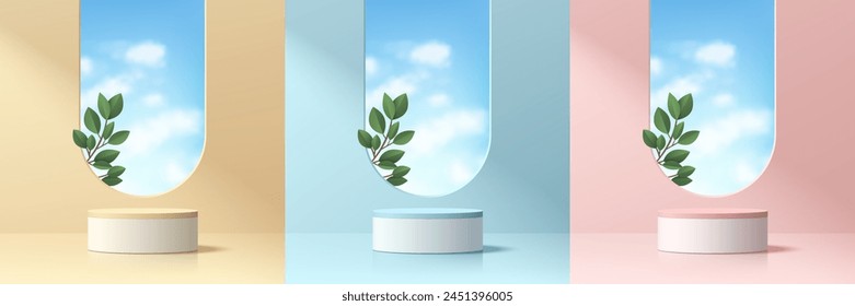 Set of pink, yellow, blue 3d cylindrical product podium with blue sky, green leaf in arch window scene. Abstract minimal mockup, Product display presentation, Stage showcase. Platforms vector design.