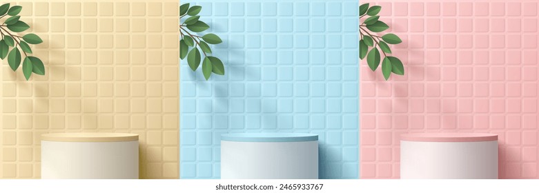 Set of pink, yellow, blue 3d cylindrical podium background with green leaf, Square tile wall scene. Abstract minimal mockup, Product display presentation, Stage showcase. Platforms vector design.