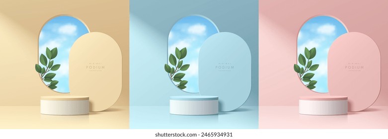 Set of pink, yellow, blue 3d cylindrical podium background with green leaf in round corner window scene. Abstract minimal mockup, Product display presentation, Stage showcase. Platforms vector design.