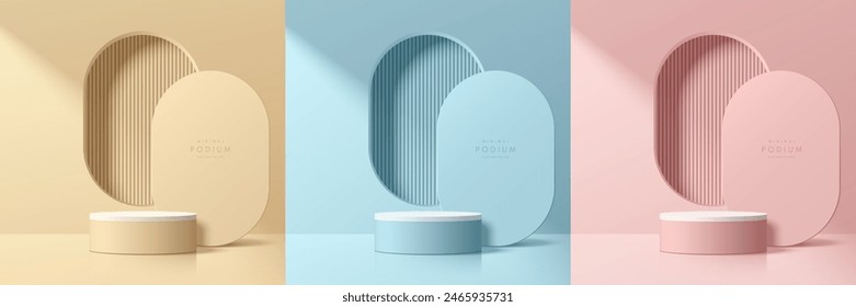 Set of pink, yellow, blue 3d cylindrical podium pedestal background with round corner window wall scene. Abstract minimal mockup, Product display presentation, Stage showcase. Platforms vector design.