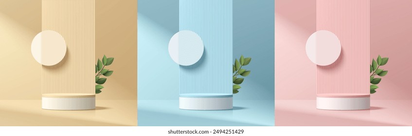 Set of pink, yellow, blue 3d cylindrical podium background with green leaf, Vertical backdrop wall scene. Abstract minimal mockup, Product display presentation, Stage showcase. Platforms vector design