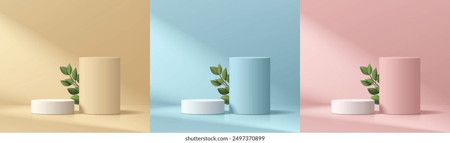 Set of pink, yellow and blue 3d cylindrical podium background with leaf, Window light scene. Minimalist mockup pedestal, Abstract product display presentation, Stage showcase. Vector platforms design.