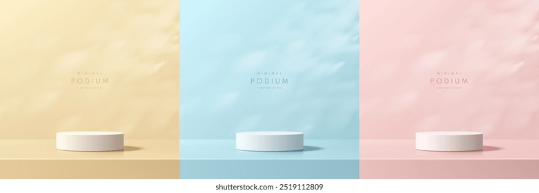 Set of pink, yellow, blue 3d cylindrical podium background with leaf light and shadow scene. Minimalist mockup pedestal, Abstract product display presentation, Stage showcase. Platforms vector design.