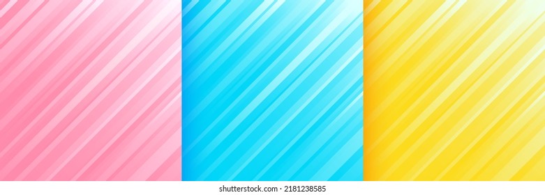 Conjunto de rayas de velocidad diagonal rosa, amarillas, azules y dinámicas líneas de luz fondo pastel abstracto con espacio de copia. Diseño moderno de colección de ideas de pancartas de tecnología futurista. Ilustración del vector EPS10.