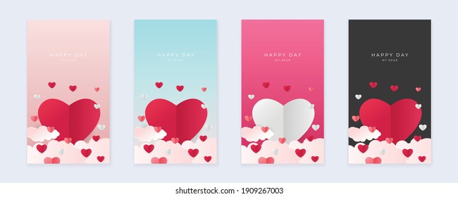 Set of pink yellow blue happy valentine's day vertical banners, posters, cards or flyers with origami hearts in paper cut style. Design template for advertising, web, social media, stories templates