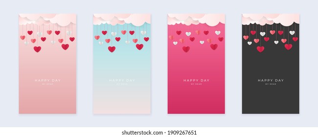 Set of pink yellow blue happy valentine's day vertical banners, posters, cards or flyers with origami hearts in paper cut style. Design template for advertising, web, social media, stories templates