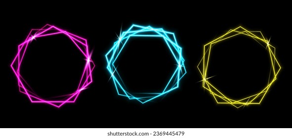 Set of the pink, yellow and blue laser glowing frames isolated on black background.  Neon hexagons.  Abstract vector illustration.