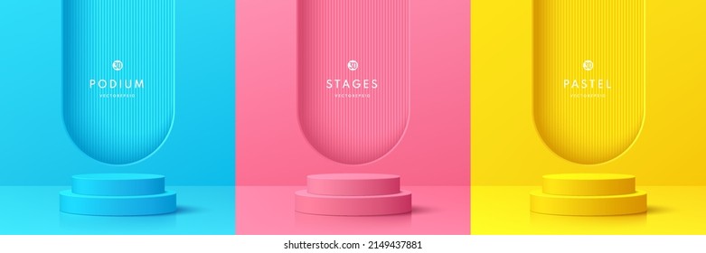 Set of pink, yellow and blue realistic 3d cylinder pedestal podium in pastel abstract room. Vector geometric forms design. Minimal wall scene for mockup products ,Stage for showcase, Promotion display
