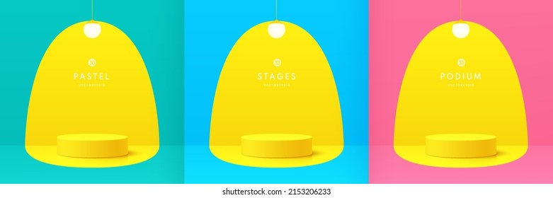Set of pink, yellow and blue realistic 3d cylinder pedestal podium in abstract room with neon ball lamp. Vector geometric forms. Minimal scene for mockup products ,Stage showcase, Promotion display.