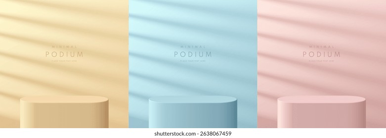 Set of pink, yellow and blue realistic 3d round pedestal podium with window lighting overlay. Vector abstract room geometric platform. Minimal wall scene for products showcase, Promotion display.