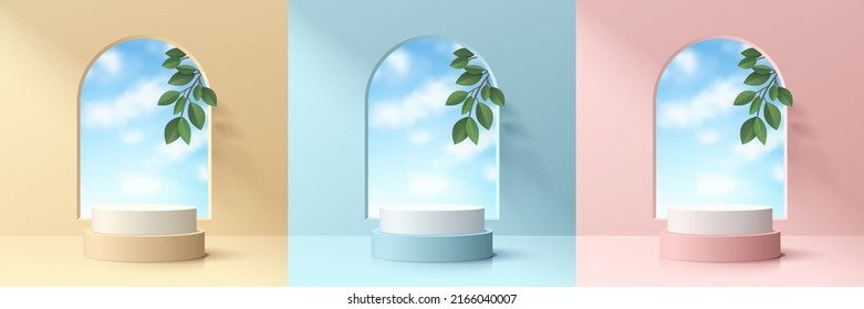 Set aus rosafarbenem, gelbem, blauem Raum mit realistischem 3D-Zylinderpodium und blauem Himmel, grünem Blatt im Bogenfenster. Abstrakte Minimalszene für die Produktpräsentation, Stage Showcase. Geometrische Vektorformen.