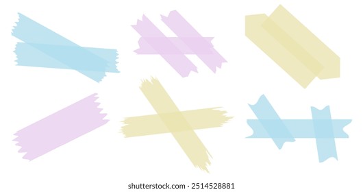 Set of pink, yellow, blue semi-transparent washi tapes isolated on white. Washi tapes collection in vector. Pieces of decorative tape for scrapbooks. Torn paper