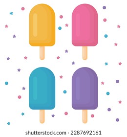 Set of pink, yellow, blue, violet fruit ice with sprinkles on background