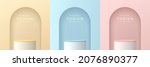 Set of pink, yellow, blue and white realistic 3d cylinder stand podium in arch window. Vector abstract studio room with geometric platform. Minimal wall scene for products showcase, Promotion display.