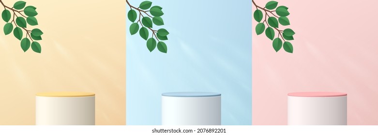 Set of pink, yellow, blue and white realistic 3d cylinder stand podium with green leaf. Vector abstract studio room with geometric platform. Minimal wall scene for products showcase, Promotion display