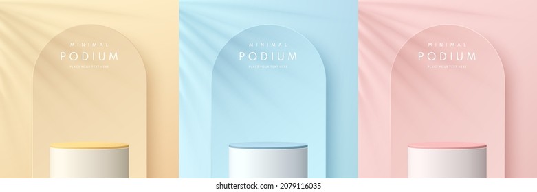 Set of pink, yellow, blue and white realistic 3d cylinder stand podium in arch scene. Vector abstract studio room with geometric platform. Minimal wall scene for products showcase, Promotion display.