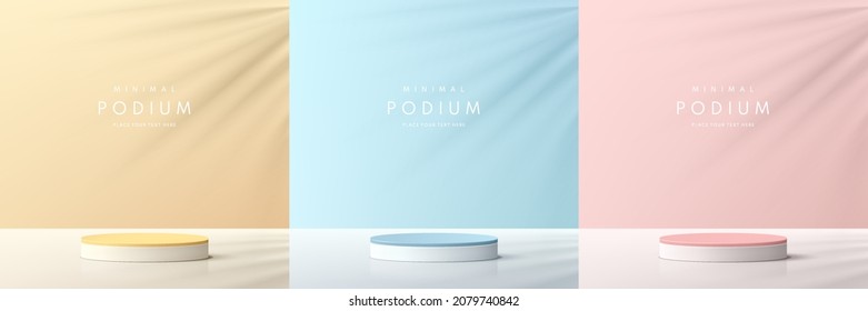 Set of pink, yellow, blue and white realistic 3d cylinder pedestal podium with leaf shadow overlay. Vector abstract room geometric platform. Minimal wall scene for products showcase, Promotion display