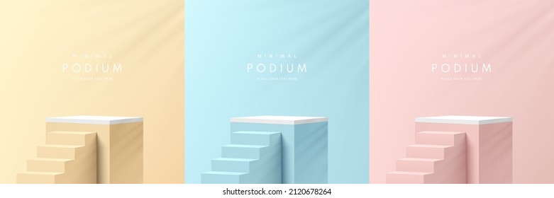 Set of pink, yellow, blue and white realistic 3d cube pedestal podium with stairs and leaf shadow overlay. Abstract studio room. Pastel minimal scene for products stage showcase, Promotion display.