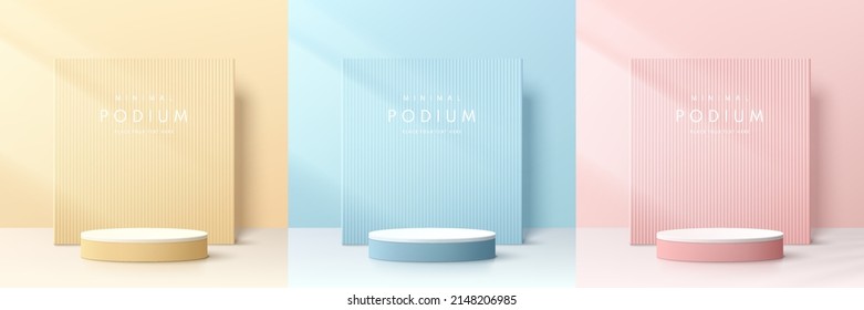 Set Of Pink, Yellow, Blue And White Realistic 3d Cylinder Pedestal Podium With Squares Backdrop And Leaf Shadow Overlay. Abstract Studio Room. Minimal Scene For Products Showcase, Promotion Display.