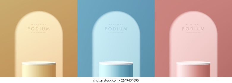 Set of pink, yellow, blue and white realistic 3d cylinder stand podium with shadow of arch window. Vector abstract room with geometric forms. Minimal scene for products showcase, Promotion display.