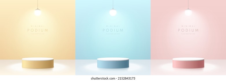 Set of pink, yellow, blue and white realistic 3d cylinder pedestal podium with glowing hanging balls neon lamp. Abstract minimal wall scene for mockup products stage for showcase, Promotion display.