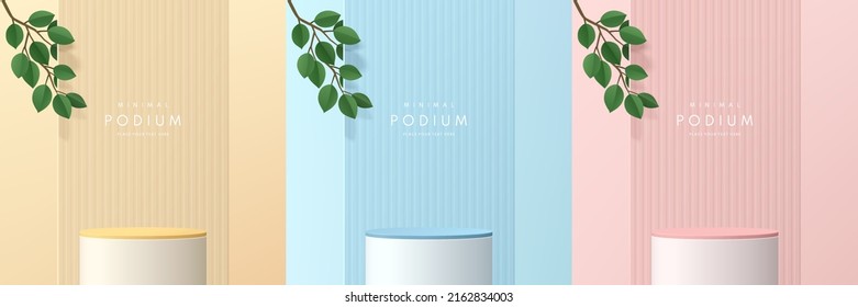 Set of pink, yellow, blue, white realistic 3d cylinder stand podium  with green leaf. Pastel minimal wall scene for products display, Stage showcase. Vector abstract studio room with geometric forms.