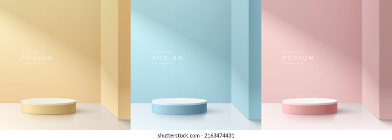 Set of pink, yellow, blue and white realistic 3d cylinder pedestal podium with pastel clean room. Abstract minimal wall scene for mockup products stage showcase, Promotion display. Light and shadow.