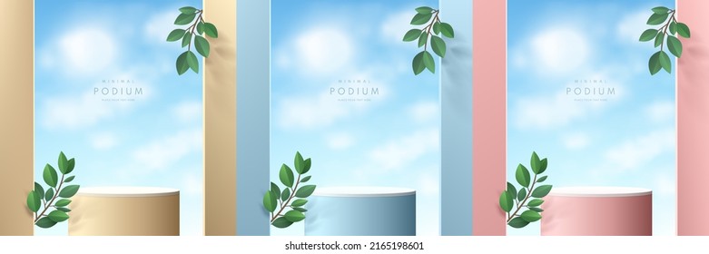 Conjunto de cilindros 3d rosados, amarillos, azules, blancos realistas con fondo de cielo azul y hoja verde. Formas geométricas vectoriales. Resumen de la escena mínima para la presentación de productos de maquillaje. Muestra de escenario.