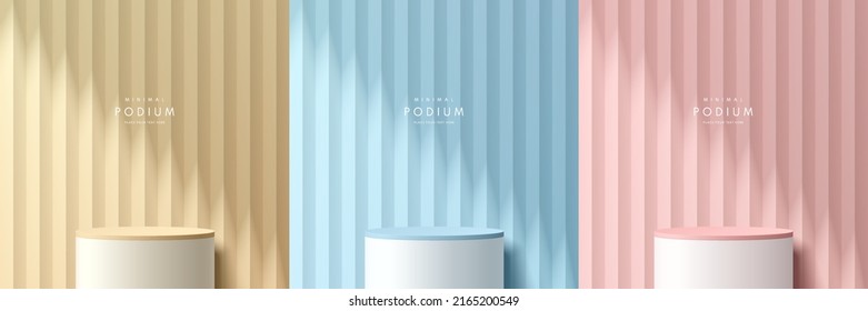 Set of pink, yellow, blue, white realistic 3d cylinder stand podium with vertical serrated texture background. Vector geometric forms. Abstract minimal scene, Mockup products display. Stage showcase.