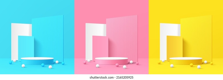 Set of pink, yellow, blue and white realistic 3d cylinder pedestal podium in pastel abstract room with geometric forms background. Minimal wall scene for mockup products display, Stage for showcase.