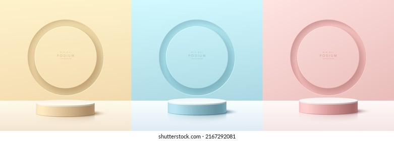 Set of pink, yellow, blue, white realistic 3d cylinder pedestal podium with circle hole scene background. Abstract minimal scene for mockup products display. Stage showcase. Light and shadow in room.