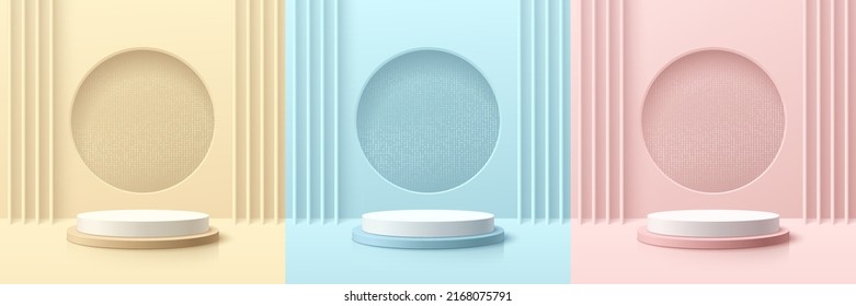 Set of pink, yellow, blue, white realistic 3d cylinder pedestal podium with glitter in circle hole. Vector geometric forms design. Abstract minimal scene for mockup products display, Stage showcase.