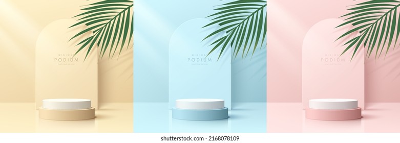 Set aus rosafarbenem, gelbem, blauem und weißem, realistischem 3D-Zylinder-Podium mit Bogenform und Palmenblatt. Geometrische Vektorformen. Abstrakte minimale Szene für Produkte Bühnenvorführung, Promotion Display.