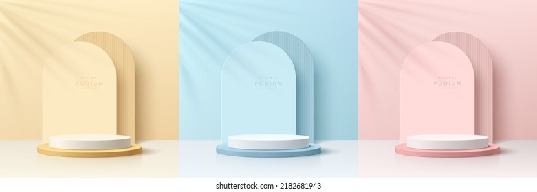 Set of pink, yellow, blue, white realistic 3d cylinder pedestal podium with arch shape background. Abstract minimal scene for products showcase, Promotion display. Round stage. Vector geometric forms.