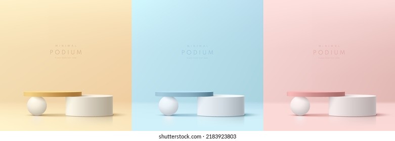 Set of pink, yellow, blue and white realistic 3d cylinder pedestal podium with spheres ball. Vector abstract room with geometric forms. Pastel minimal scene for products showcase, Promotion display.