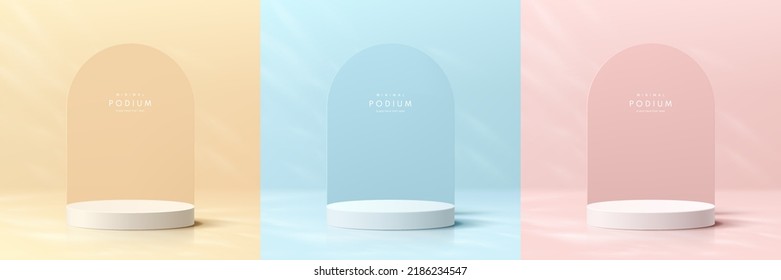 Set of pink, yellow, blue and white realistic 3d cylinder pedestal podium with arch shape background. Vector geometric forms. Abstract minimal wall scene for product stage showcase, Promotion display.