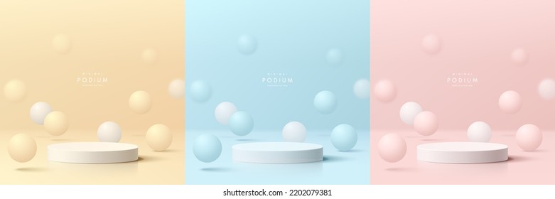 Set of pink, yellow, blue and white realistic 3d cylinder pedestal podium with bouncing  balls background. Vector geometric forms. Abstract minimal scene for product stage showcase, Promotion display.