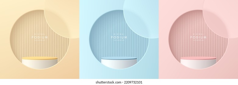 Set of pink, yellow, blue, white realistic 3d cylinder stand podium in round window. Vector abstract studio room with geometric platform. Minimal scene for mockup products showcase, Promotion display.