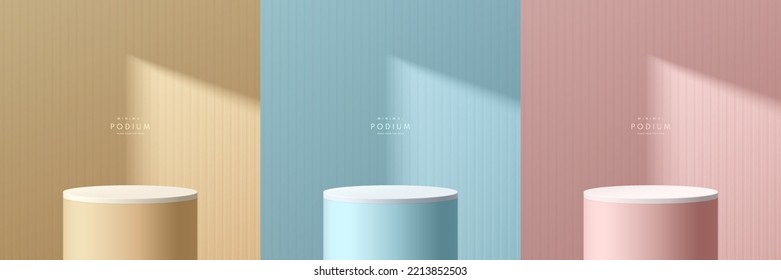 Set of pink, yellow, blue, white realistic 3d cylinder stand podium background with window shadow overlay. Vector abstract geometric forms. Pastel minimal scene for products display, stage showcase.