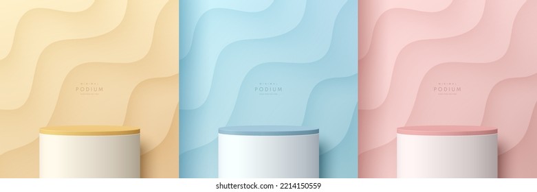 Set of pink, yellow, blue, white realistic 3d cylinder stand podium, wavy shape layers background. Vector abstract geometric forms. Pastel minimal scene for products stage showcase, Promotion display.