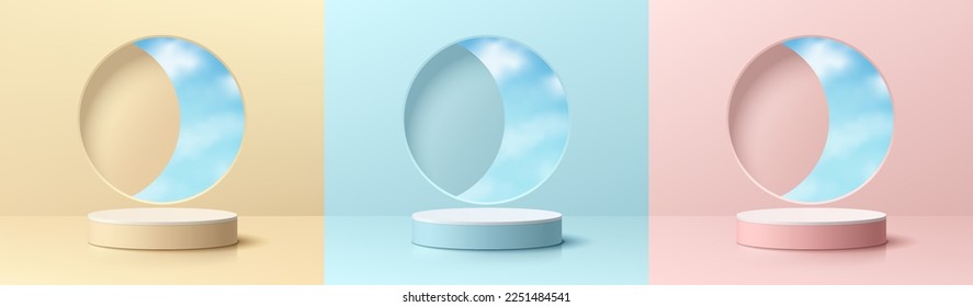 Set of pink, yellow, blue and white cylinder product podium background with sky in round window. Minimal wall scene mockup product stage showcase, Promotion display. Abstract vector geometric forms.