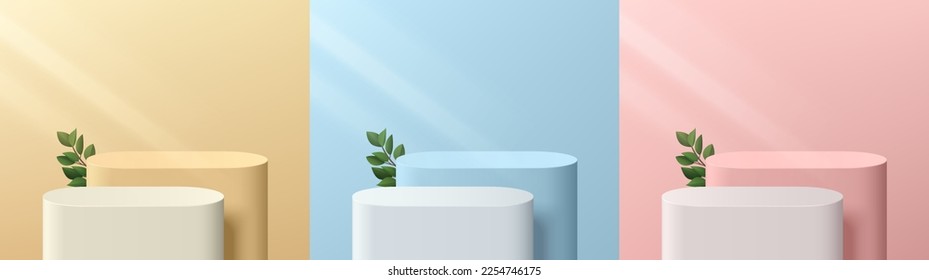 Set of pink, yellow, blue, white 3D background with round stand products podium and green leaf. Minimal wall scene mockup product stage showcase, Promotion display. Abstract vector geometric forms.