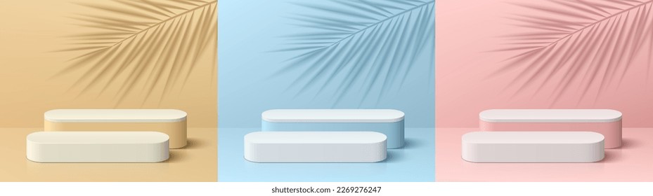 Set of pink, yellow, blue and white 3D background with round products podium, Palm leaf shadow. Minimal wall scene mockup product stage showcase, promotion display. Abstract vector geometric forms.