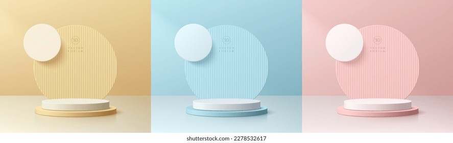 Set of pink, yellow, blue and white realistic cylinder podium 3D background, Round circle layers backdrop. Wall minimal scene mockup product, Stage showcase, Promotion display. Vector abstract rooms.