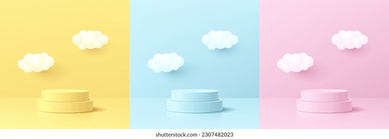 Set of pink, yellow, blue and white 3D cylinder podium background with cloud floating. Minimal wall scene mockup product stage showcase, Cosmetic banner promotion display. 3D abstract vector platforms